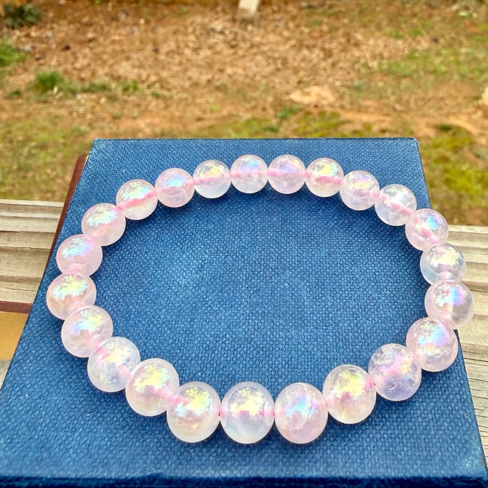 Angel Aura Iridescent Pink Rose Quartz Gemstone Crystal Bracelet - Picture 7 of 10